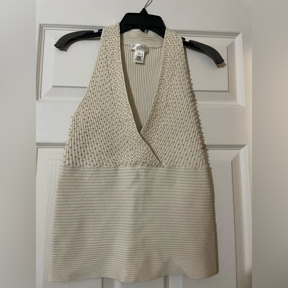 White House Black Market beige halter with seed pearl beads